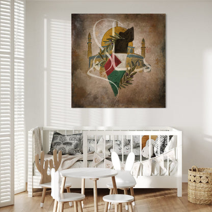 Rooted Resistance: Palestine Map & Al-Aqsa mosque, olive leaves - Canvas Print | Islamic Wall Art - ARPS2104