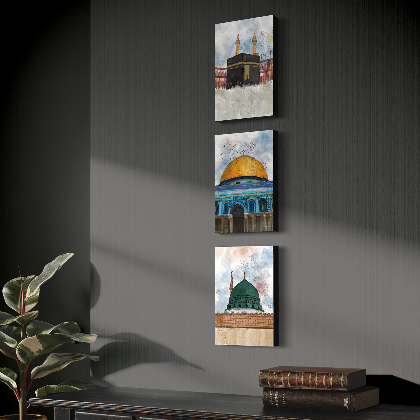 Set of 3 canvases Makkah, Medina and Masjid Al Aqsa Watercolor painting on canvas - Islamic modern Wall Art Print on canvas - ARPS2139
