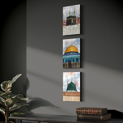 Set of 3 canvases Makkah, Medina and Masjid Al Aqsa Watercolor painting on canvas - Islamic modern Wall Art Print on canvas - ARPS2139